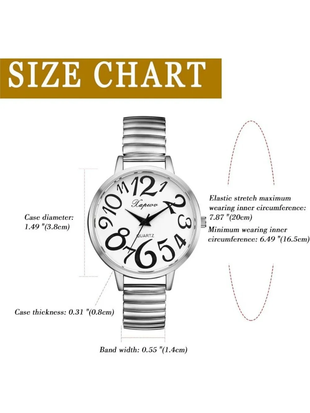 Women's Silver Analog Quartz Big Numbers Easy Reader Stretch Band Wrist Watch